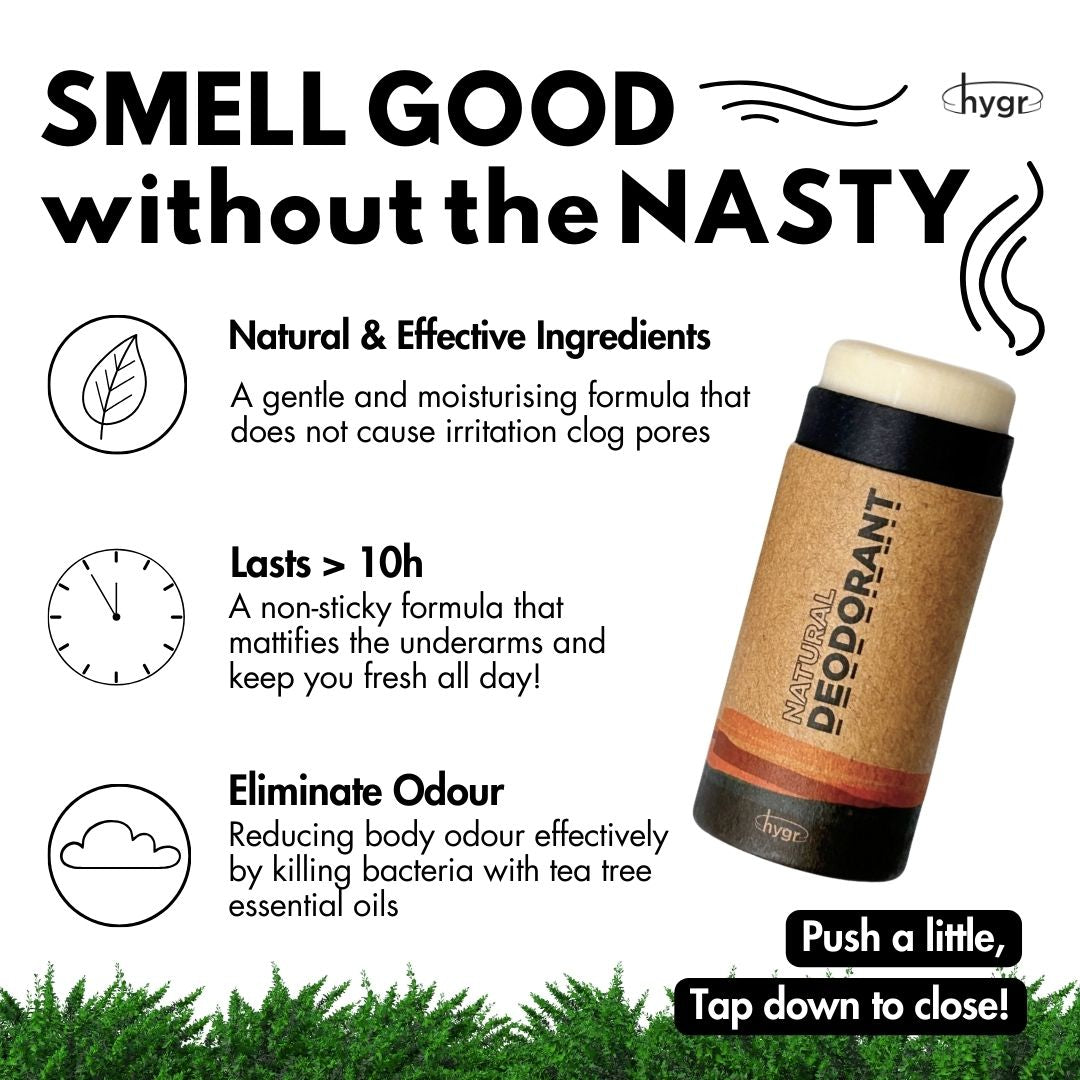 HYGR Deodorant & Tinted Lip Balm Sample Set - infographic: smell good without the nasty, lasts over 10 hours