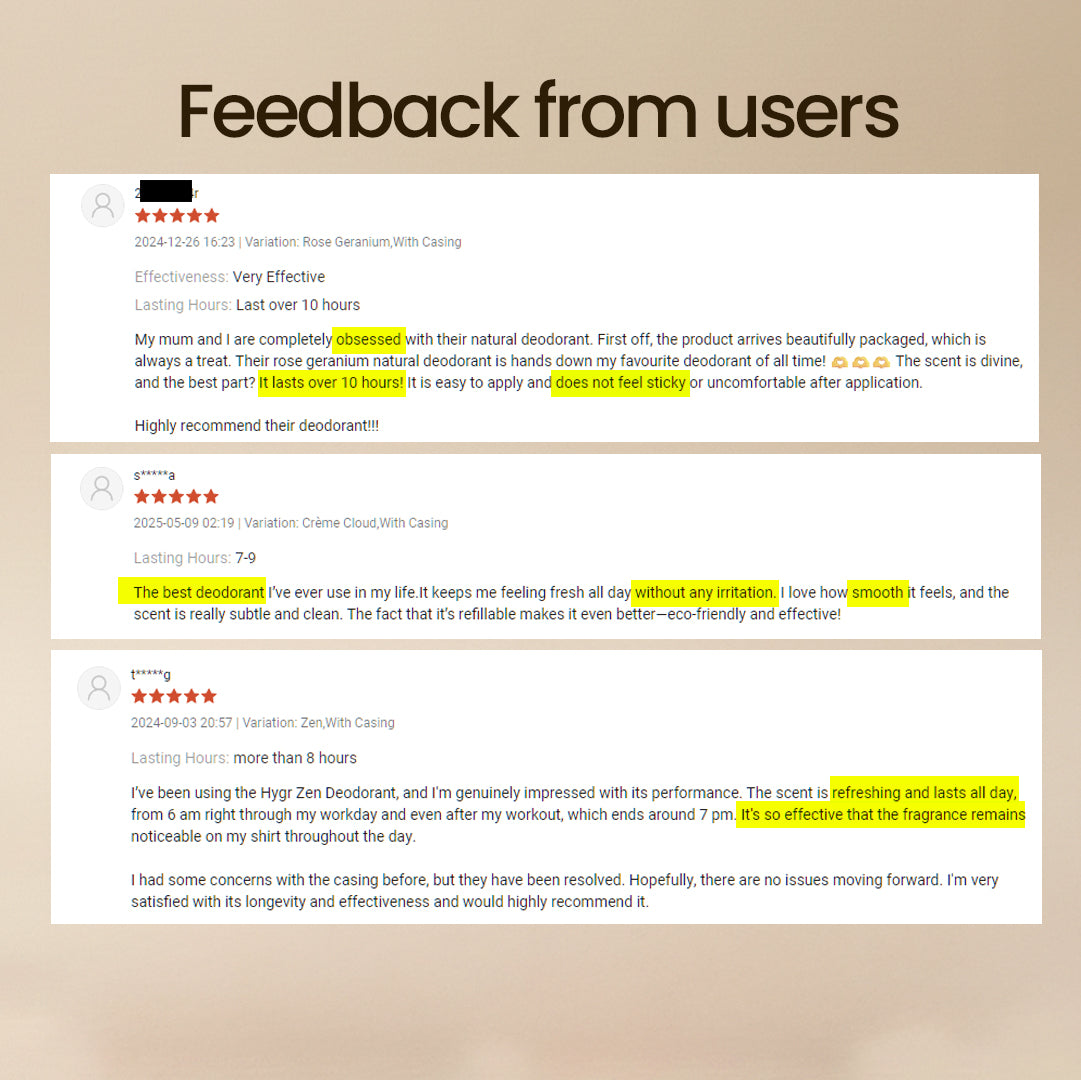 HYGR Refillable Deodorant Stick 40g Tea-riffic Series - customer feedback screenshots