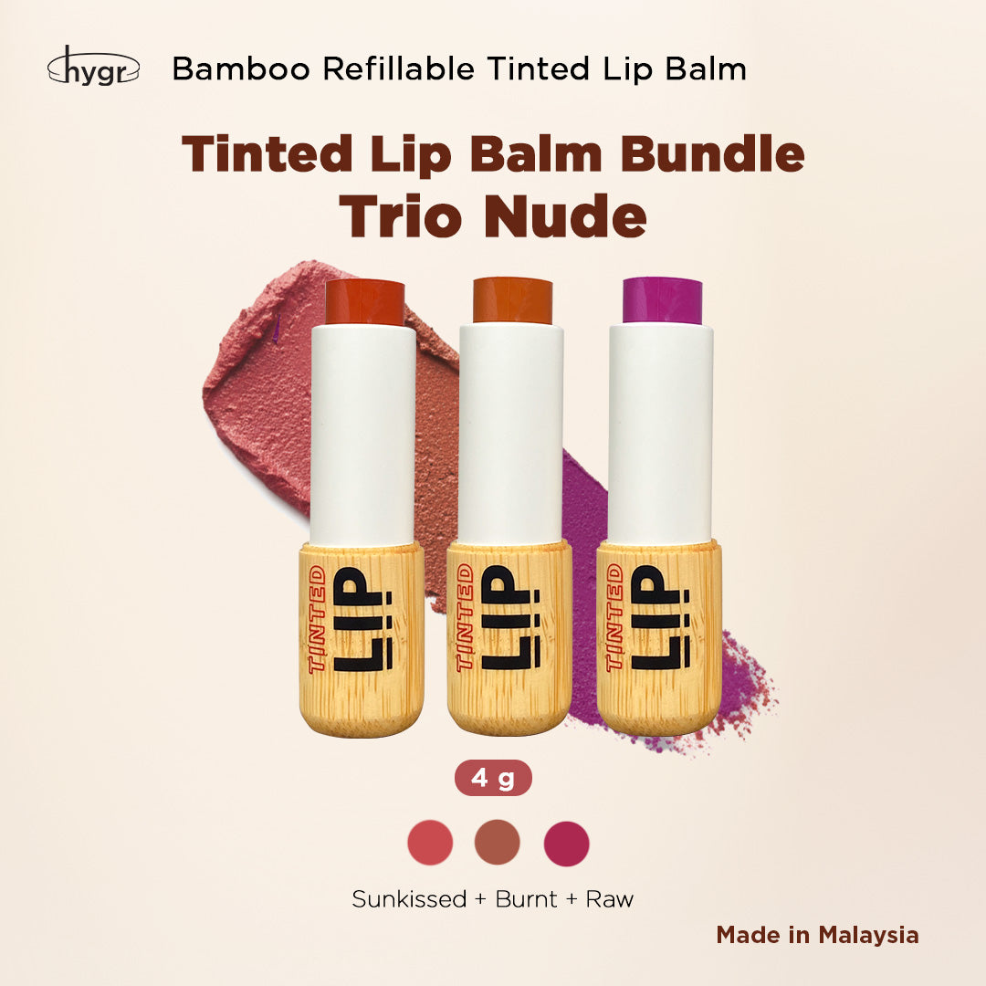 HYGR Bamboo Refillable Tinted Lip Balm 4g - Trio Nude, With Casing / Refill only