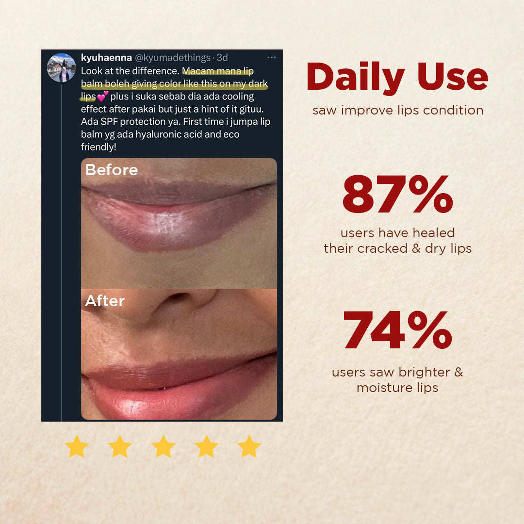 HYGR Bamboo Refillable Tinted Lip Balm 4g - before and after lips, 87% saw healed dry lips