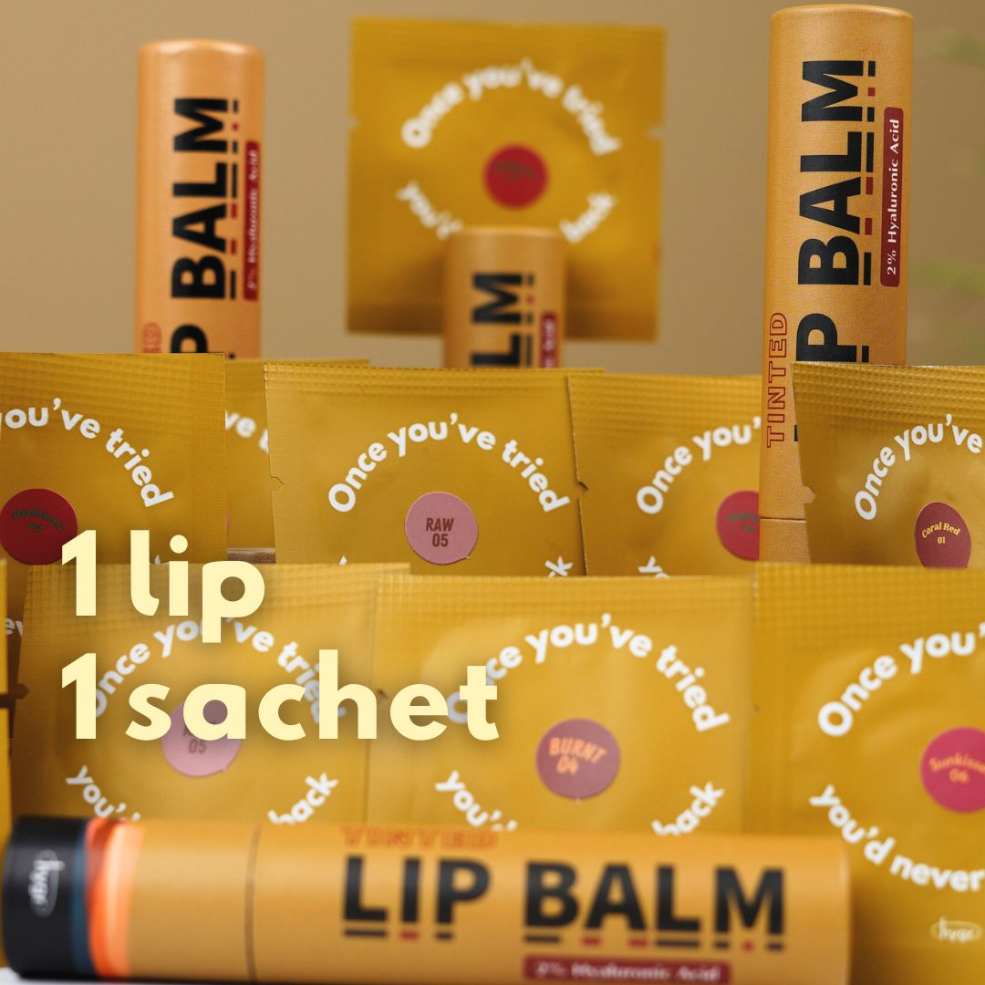 HYGR Deodorant & Tinted Lip Balm Sample Set - infographic: 1 lip, 1 sachet lip balm samples