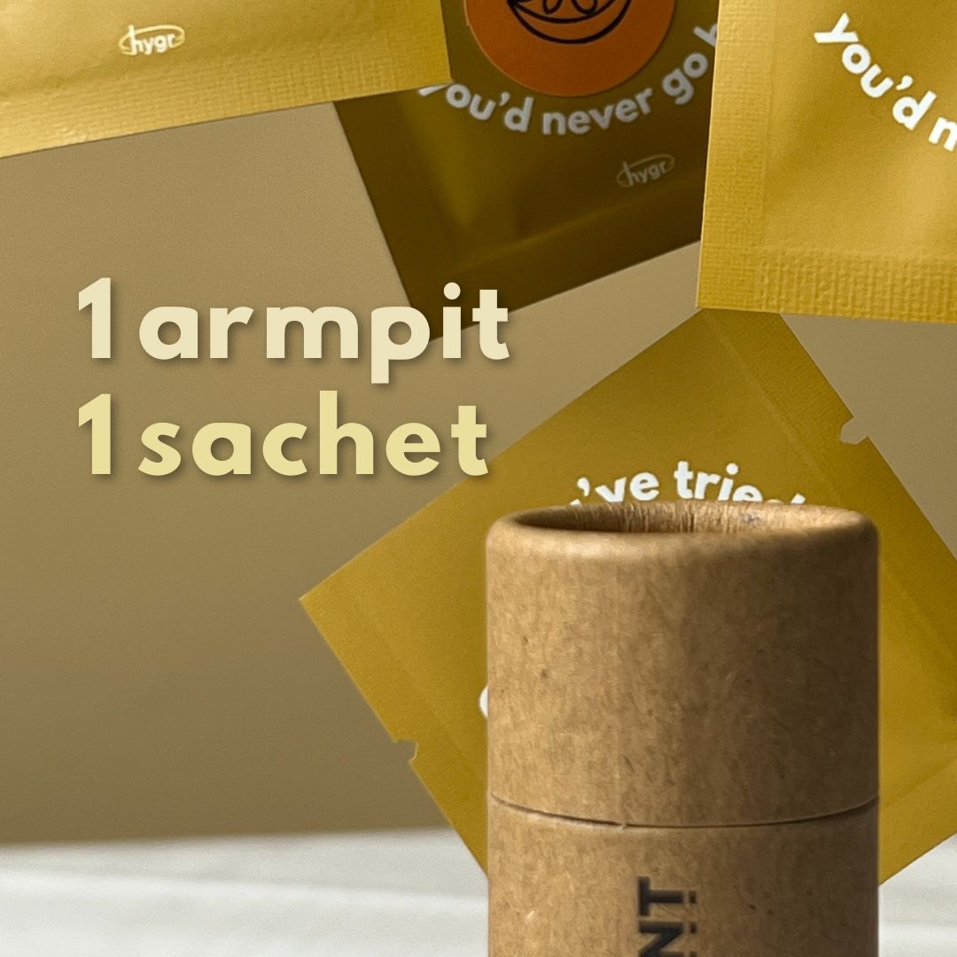 HYGR Deodorant & Tinted Lip Balm Sample Set - infographic: 1 armpit, 1 sachet
