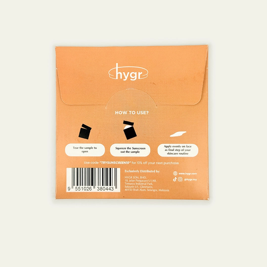 HYGR Sunscreen Sample Set SPF50 - back of sunscreen sample set pack