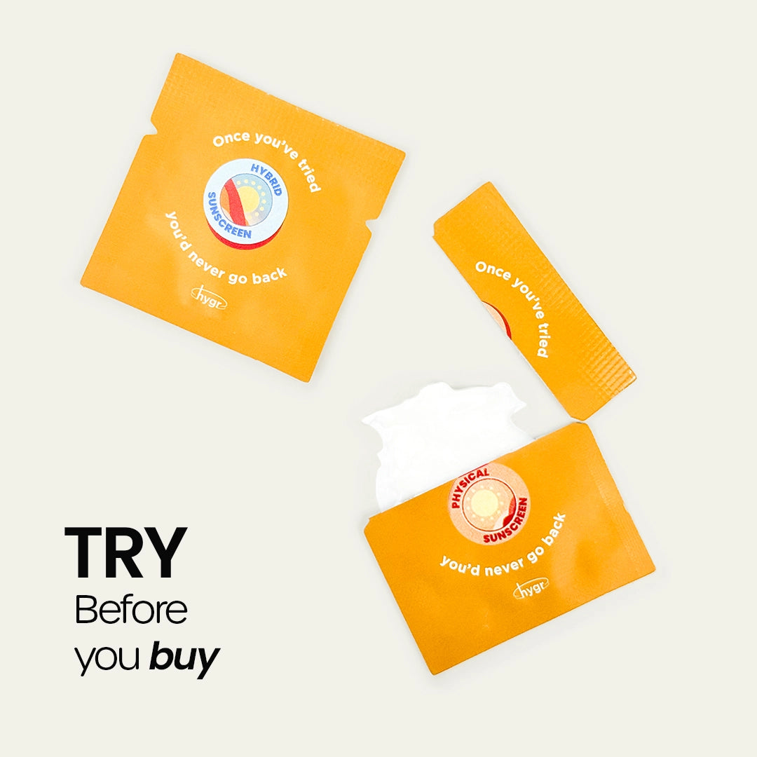 HYGR Sunscreen Sample Set SPF50 - sunscreen sample sachets, try before you buy
