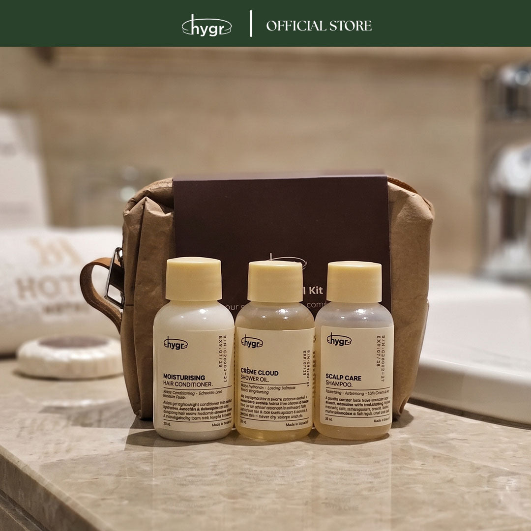 HYGR Body & Hair Mini Travel Set x3 (30g) Sulfate Free Scalp Care - Shampoo, Conditioner, Shower Oil