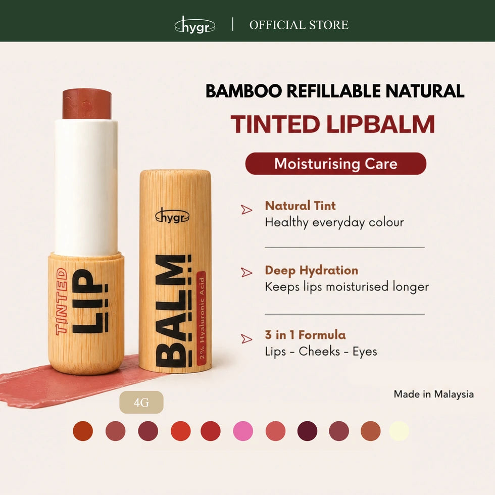 HYGR Bamboo Refillable Tinted Lip Balm 4g - bamboo refillable tinted lip balm with shade swatches