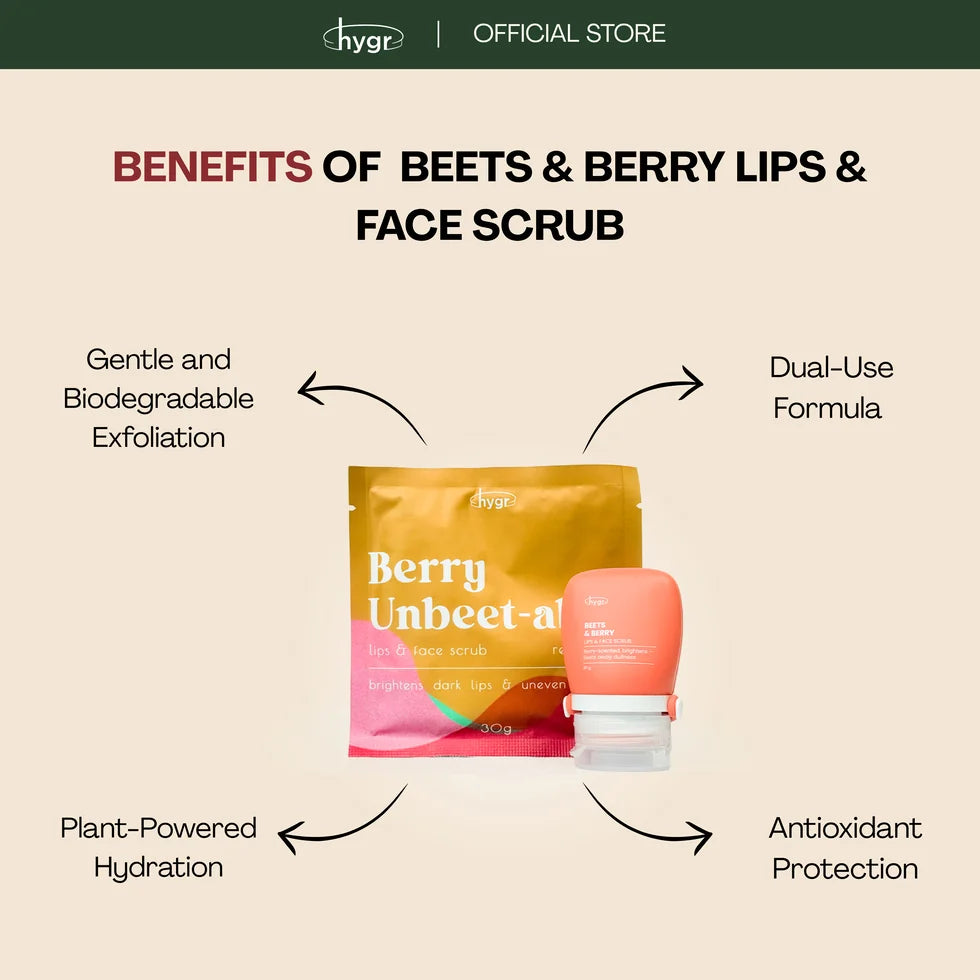 HYGR Beets & Berry Lips & Face Scrub 30g - benefits: gentle biodegradable exfoliation, dual-use, antioxidant
