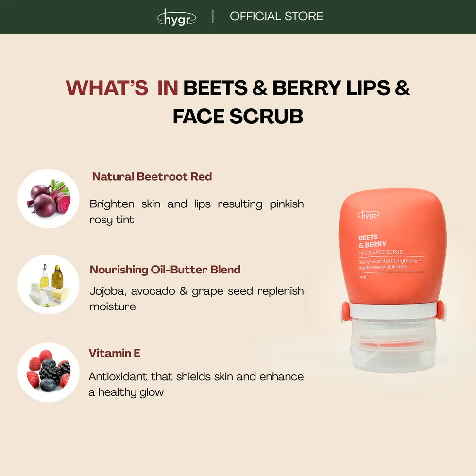 HYGR Beets & Berry Lips & Face Scrub 30g - key ingredients: natural beetroot red, nourishing oil-butter blend, vitamin E