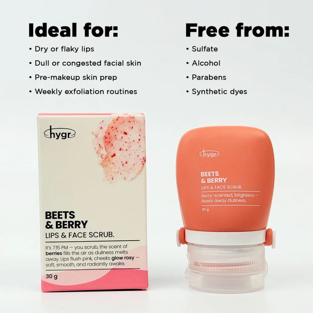 HYGR Beets & Berry Lips & Face Scrub 30g - ideal for dry lips and dull skin; free from sulfate, alcohol, parabens