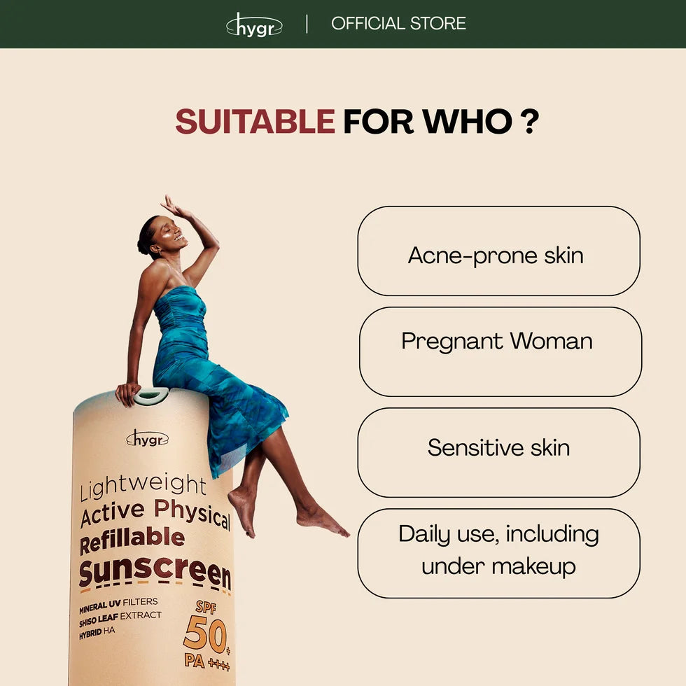 HYGR Active Physical Refillable Sunscreen 50ml - suitable for acne-prone skin, pregnant women, sensitive skin