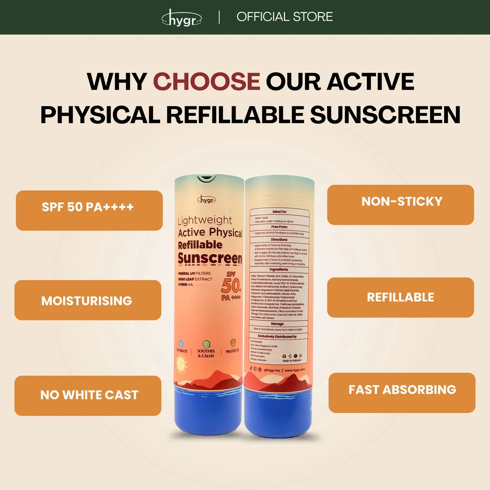 HYGR Active Physical Refillable Sunscreen 50ml - why choose it: SPF 50 PA++++, moisturising, non-sticky