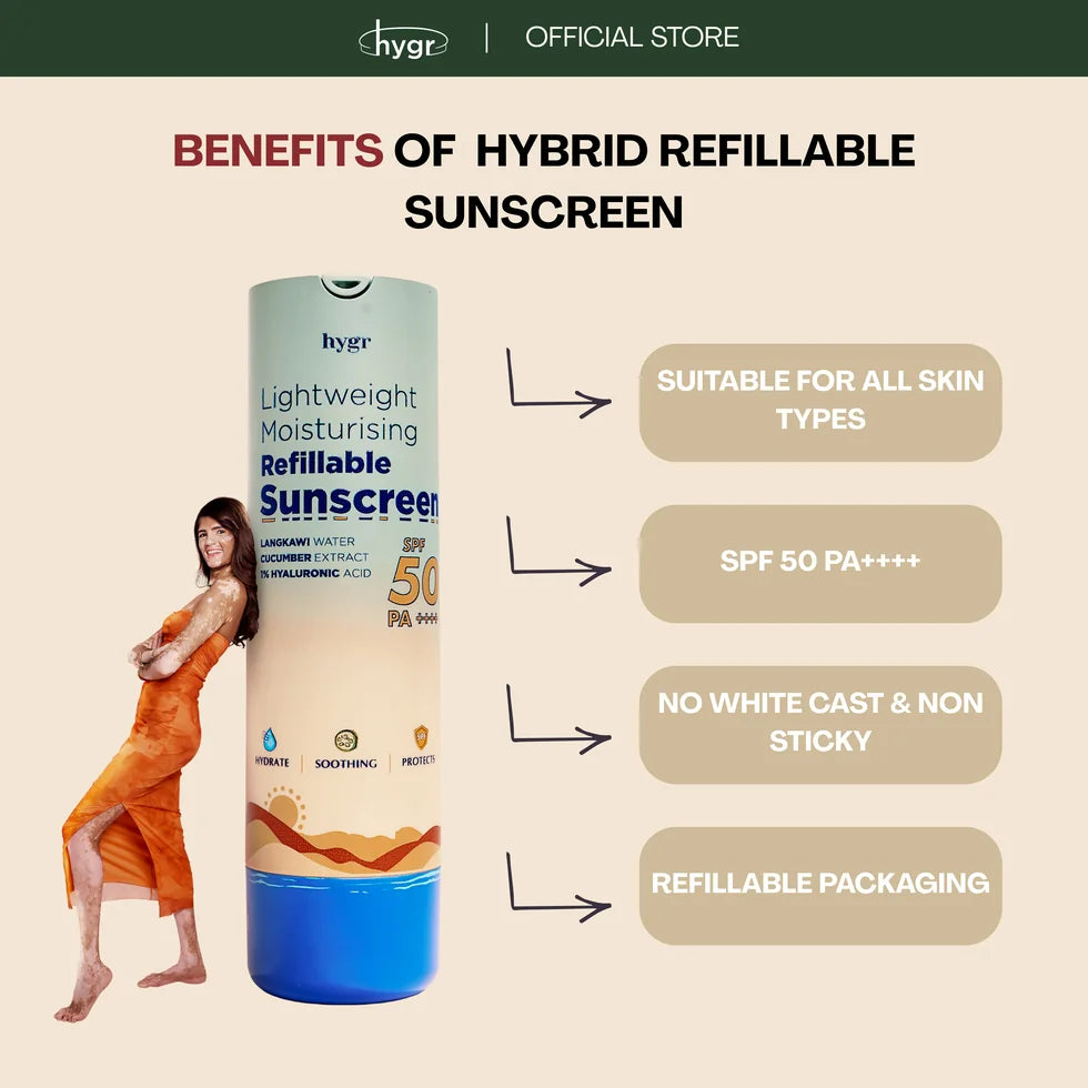 HYGR Hybrid Refillable Sunscreen 50ml - benefits: all skin types, SPF 50 PA++++, no white cast, refillable