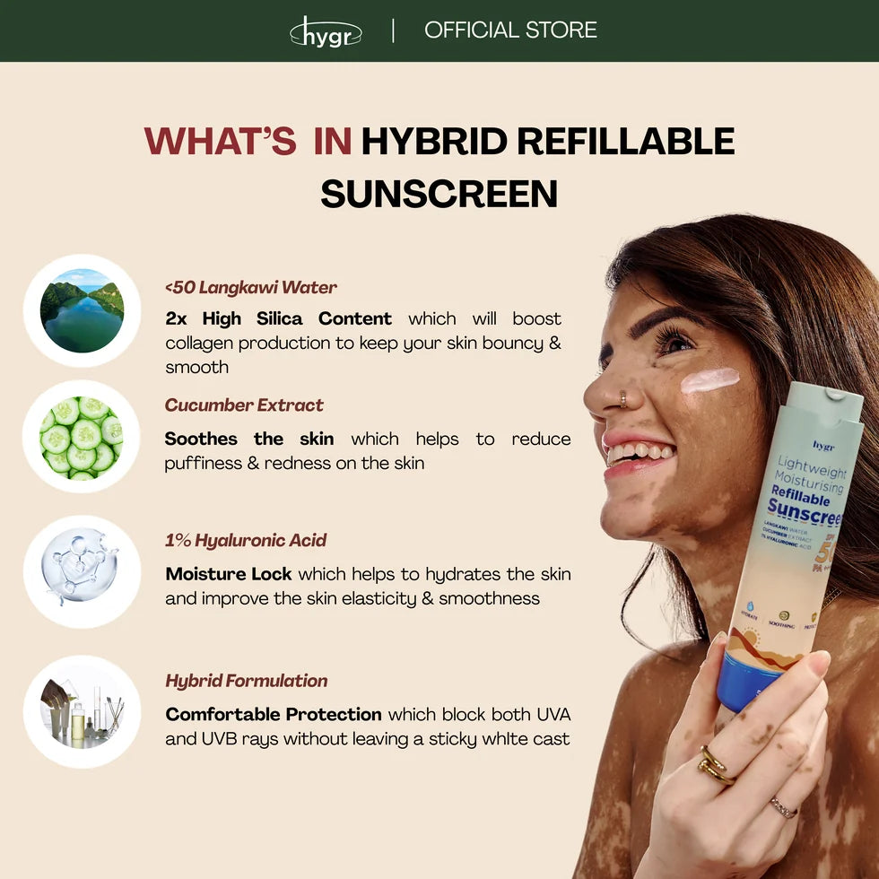 HYGR Hybrid Refillable Sunscreen 50ml - key ingredients: Langkawi water, cucumber extract, hyaluronic acid