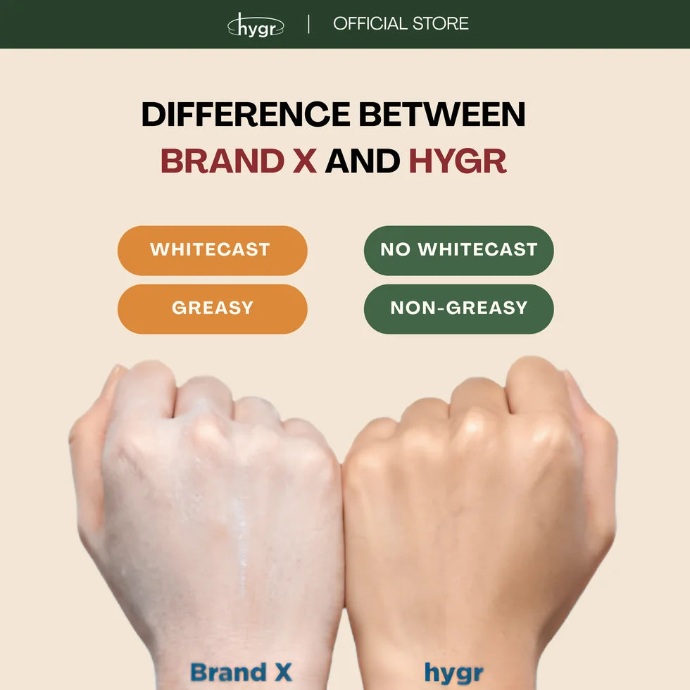 HYGR Hybrid Refillable Sunscreen 50ml - swatch test vs Brand X: no white cast and non-greasy