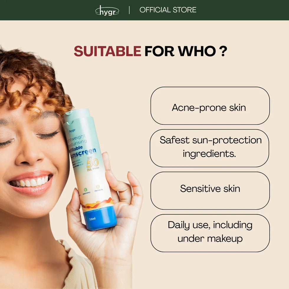 HYGR Hybrid Refillable Sunscreen 50ml - suitable for acne-prone and sensitive skin, daily use under makeup