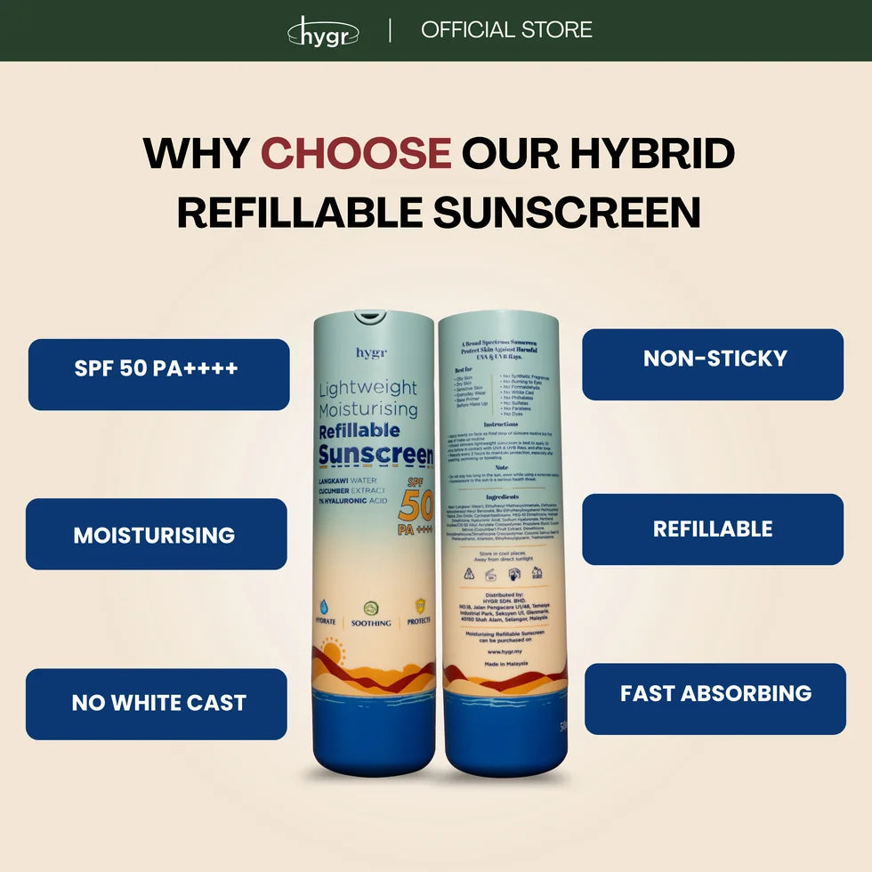 HYGR Hybrid Refillable Sunscreen 50ml - why choose it: SPF 50 PA++++, moisturising, non-sticky, fast absorbing