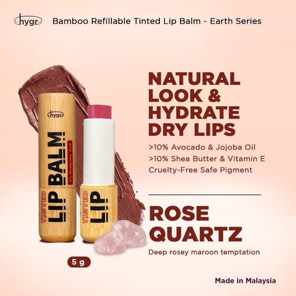 HYGR Bamboo Refillable Natural Tinted Lip Balm - Rose Quartz
