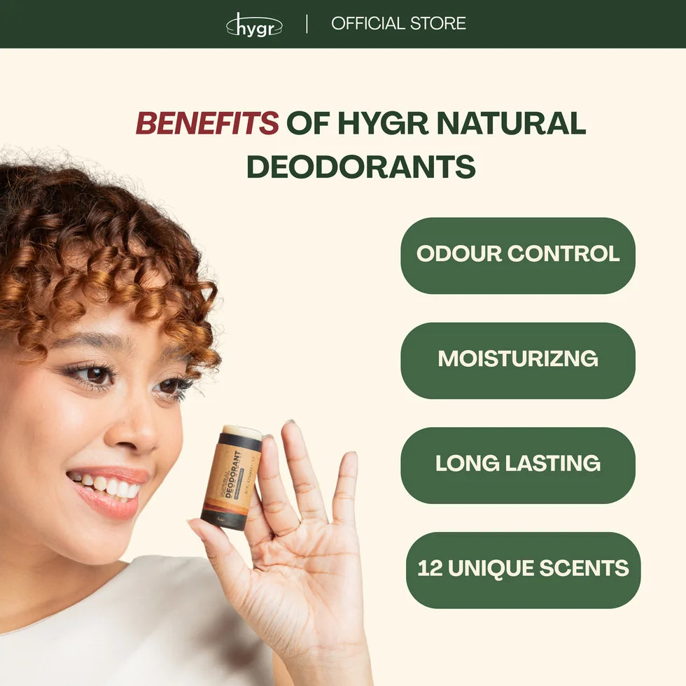 HYGR Natural Deodorant Stick 25g - benefits: odour control, moisturising, long lasting, 12 unique scents