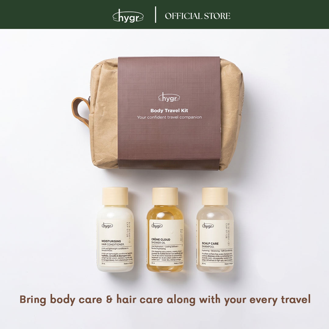HYGR Body & Hair Mini Travel Set x3 (30g) Sulfate Free Scalp Care - Shampoo, Conditioner, Shower Oil