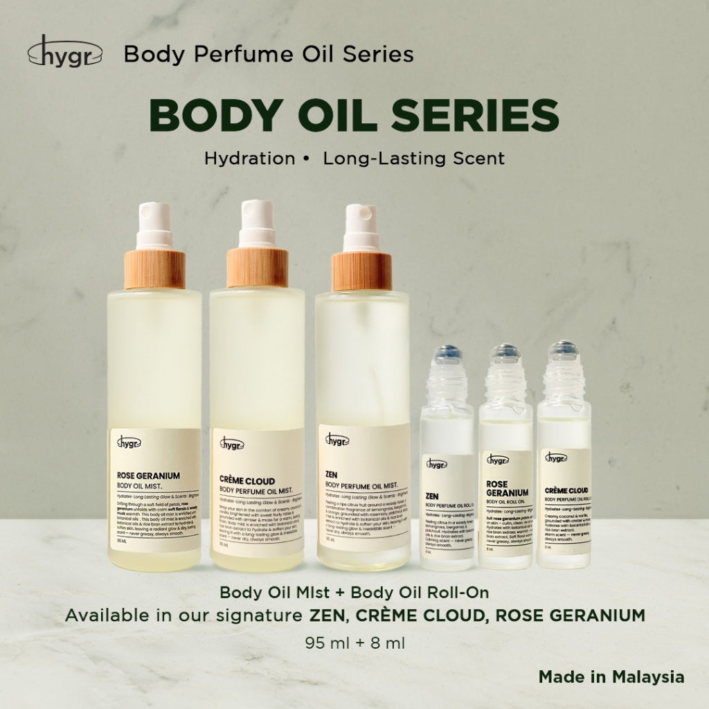 HYGR Body Oil 95ml & Roll-On 8ml | Hydration Smoothen Skin Brighten Skin Lotion Scented Oil