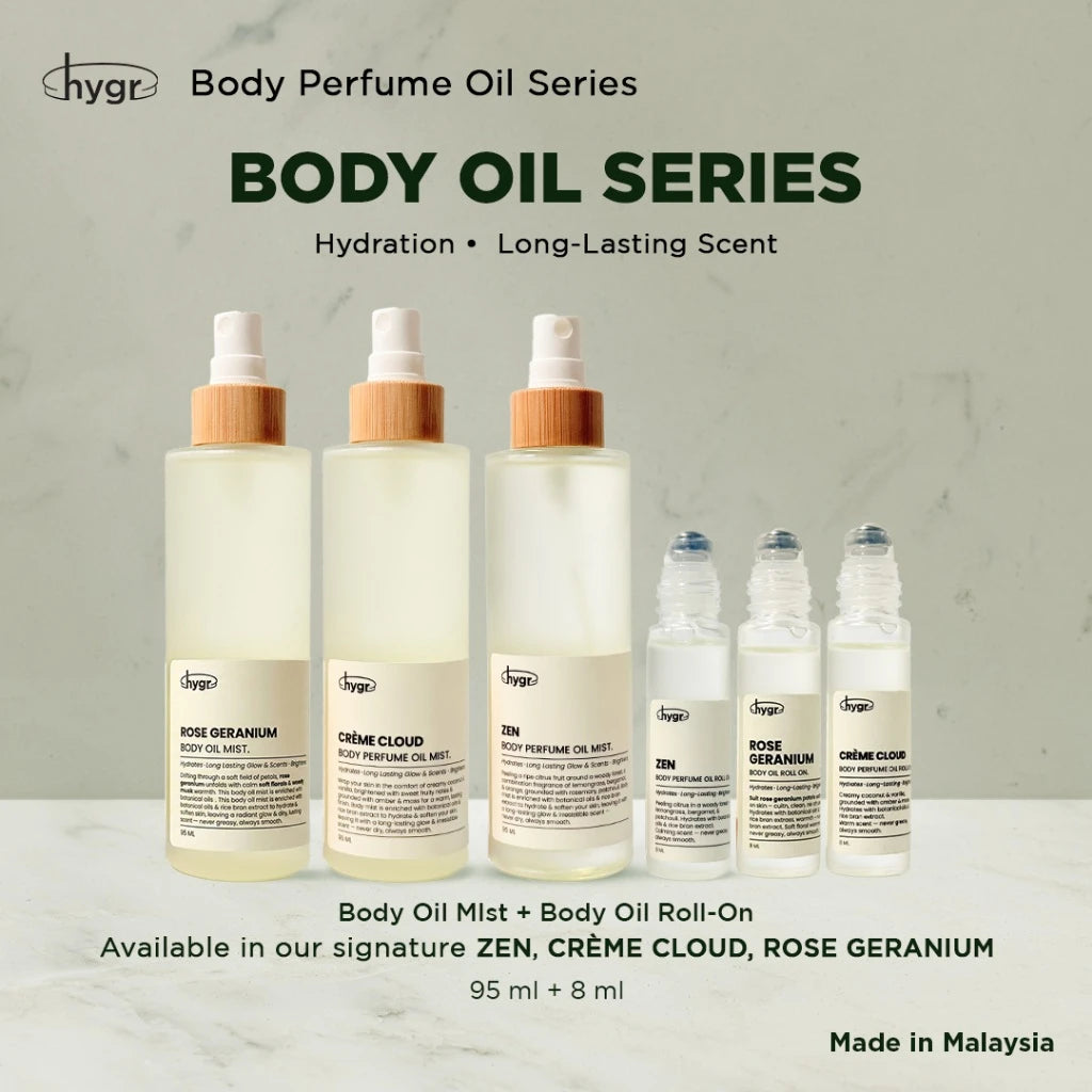 [11.11 Sale] HYGR Body Oil 95ml + Refill 70ml + FREE Mini Body Oil Roll-On 3ml