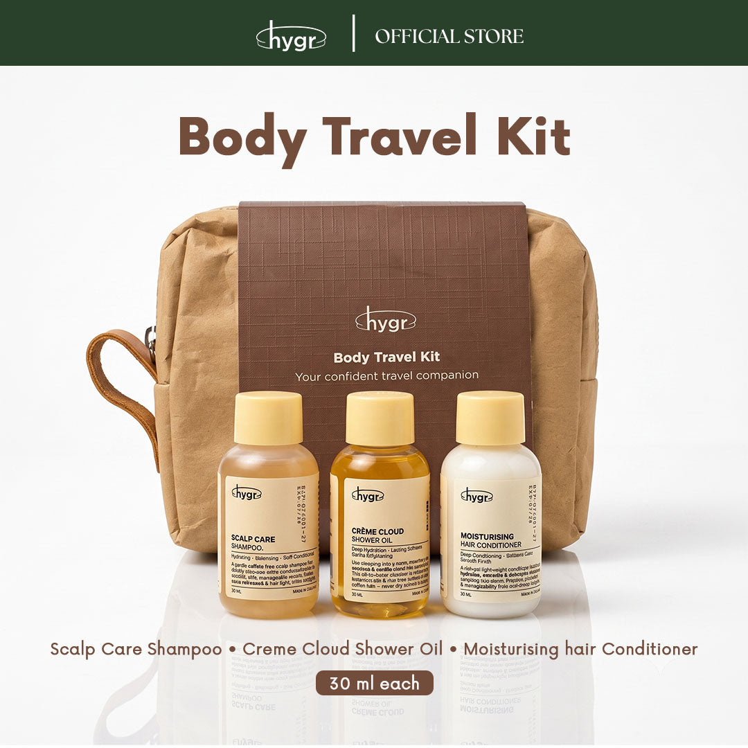 HYGR Body & Hair Mini Travel Set x3 (30g) Sulfate Free Scalp Care - Shampoo, Conditioner, Shower Oil