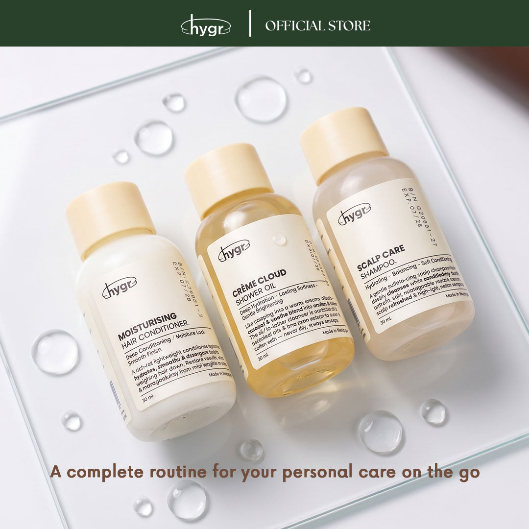 HYGR Body & Hair Mini Travel Set x3 (30g) Sulfate Free Scalp Care - Shampoo, Conditioner, Shower Oil