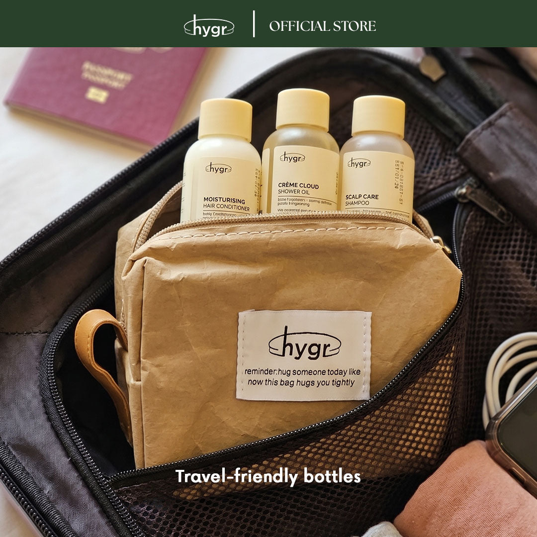 HYGR Body & Hair Mini Travel Set x3 (30g) Sulfate Free Scalp Care - Shampoo, Conditioner, Shower Oil