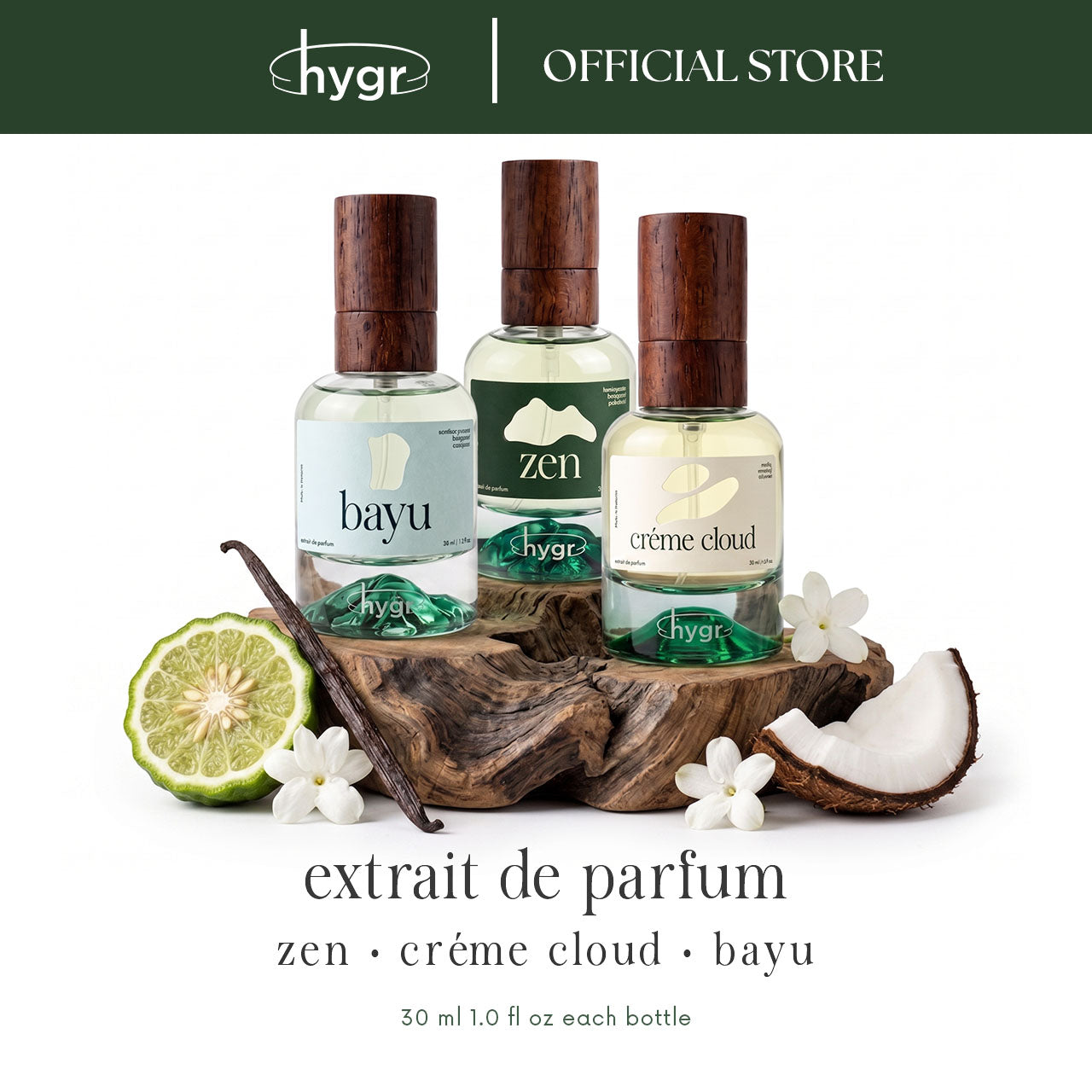 HYGR Perfume Collection Set of 3 | Zen, Bayu, Creme Cloud 30ml x3 | Unisex Fragrances | Primer Included