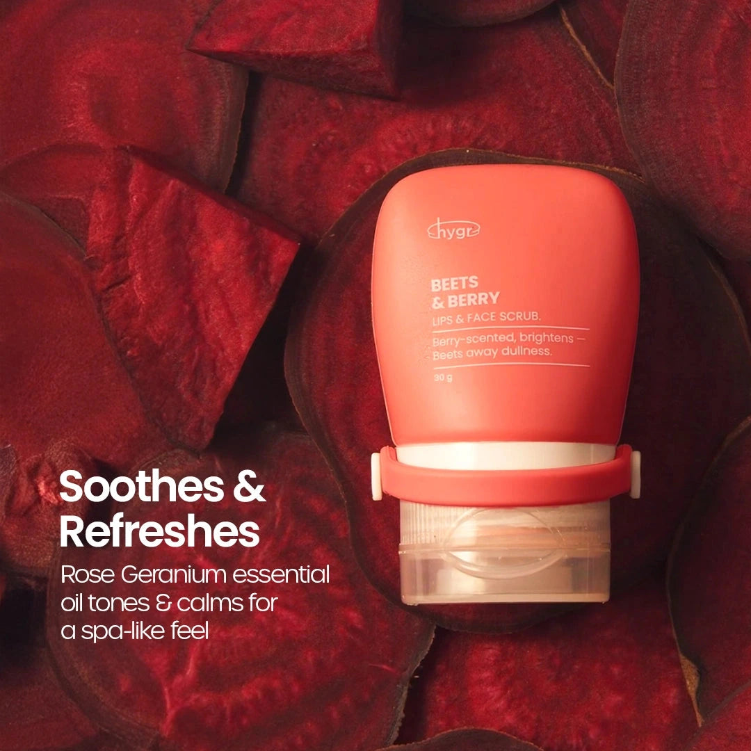 HYGR Beets & Berry Lip & Face Scrub - soothes and refreshes with rose geranium on beetroot background