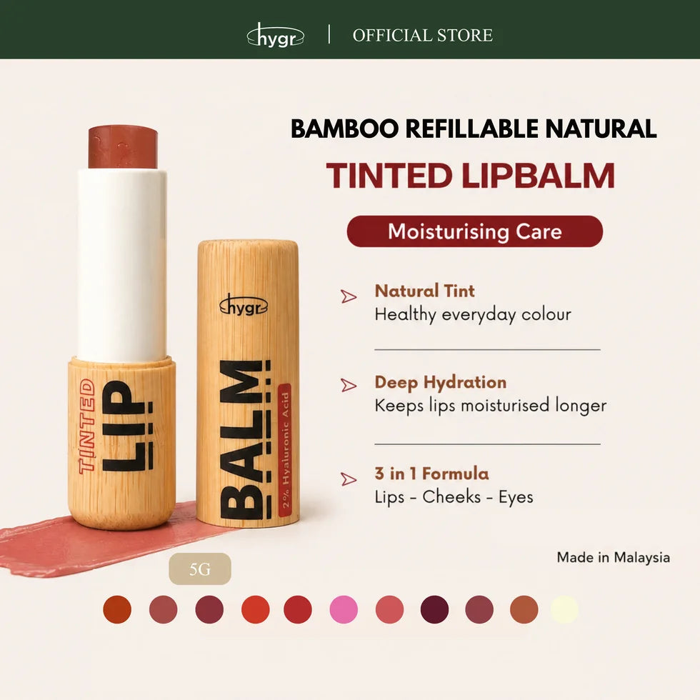 HYGR Bamboo Refillable Tinted Lip Balm 4g - bamboo refillable tinted lip balm with shade swatches