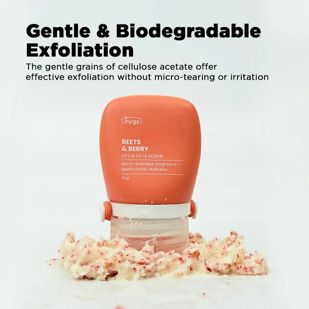 HYGR Beets & Berry Lips & Face Scrub 30g - gentle biodegradable cellulose acetate exfoliating grains