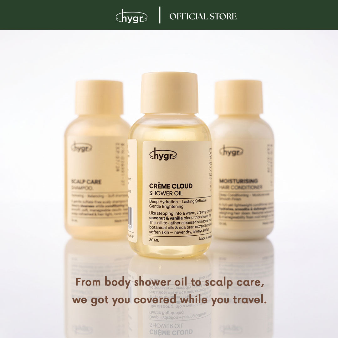 HYGR Body & Hair Mini Travel Set x3 (30g) Sulfate Free Scalp Care - Shampoo, Conditioner, Shower Oil