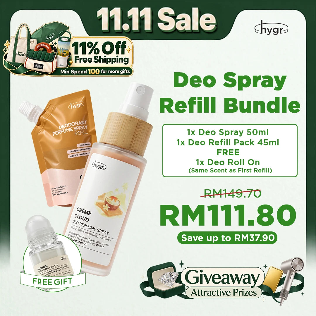 [11.11 Sale] HYGR Natural Refillable Deodorant Spray Perfume 50ml Set + Refill 45ml + FREE Roll-On 20ml