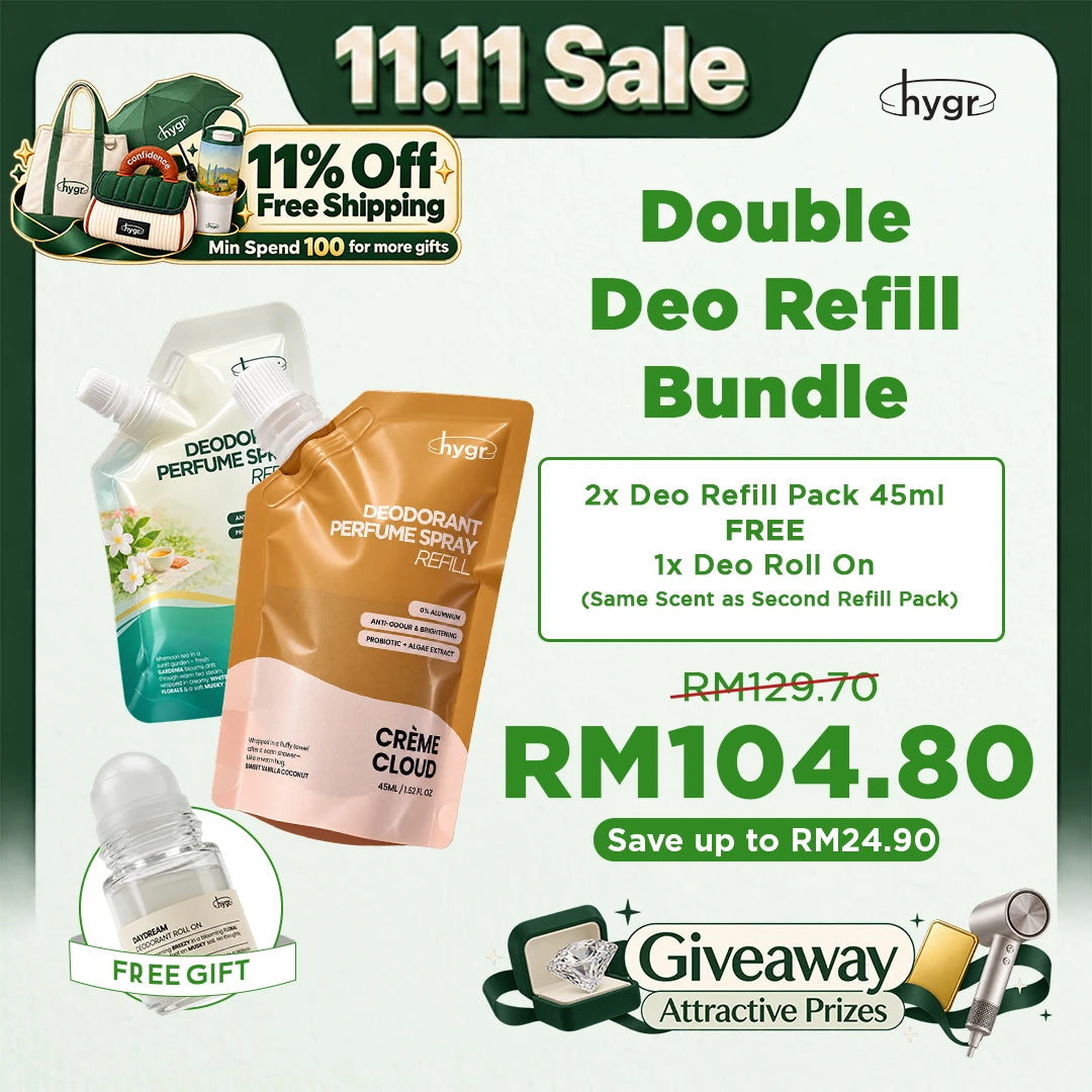 [11.11 Sale] HYGR 2x Natural Deodorant Spray Refill 45ml + FREE Roll-On 20ml