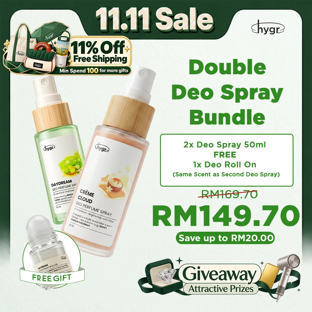 [11.11 Sale] HYGR 2x Natural Refillable Deodorant Spray Perfume 50ml + FREE Roll-On 20ml