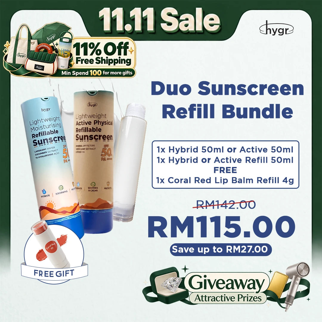 [11.11 Sale] HYGR Refillable Sunscreen SPF50 PA++++ 50ml + Refill + FREE Lip Balm Refill (Coral Red)
