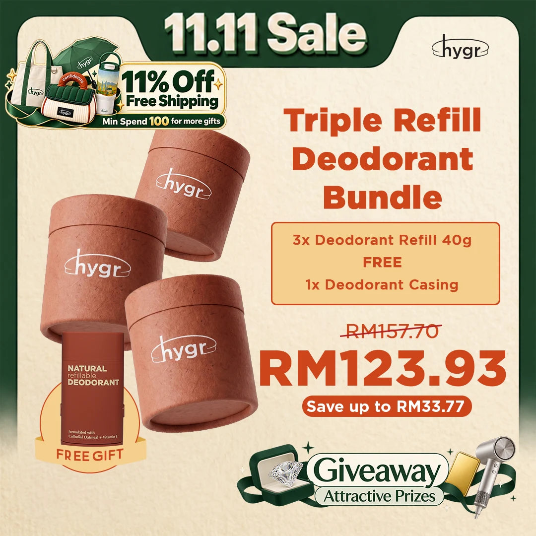 [11.11 Sale] HYGR 3x Natural Refillable Deodorant Refill (40g) + FREE Casing | Long-Lasting Odour Control