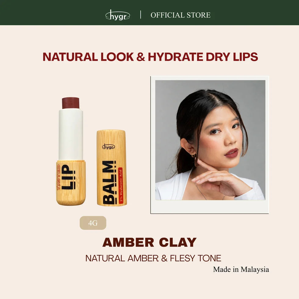 HYGR Bamboo Tinted Lip Balm 4g Amber Clay - Amber Clay shade on model, natural amber tone