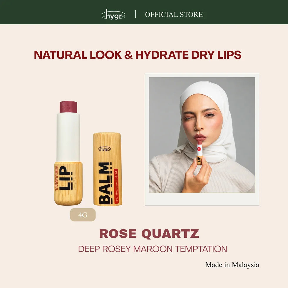 HYGR Bamboo Tinted Lip Balm 4g Rose Quartz - Rose Quartz shade on model, deep rosy maroon