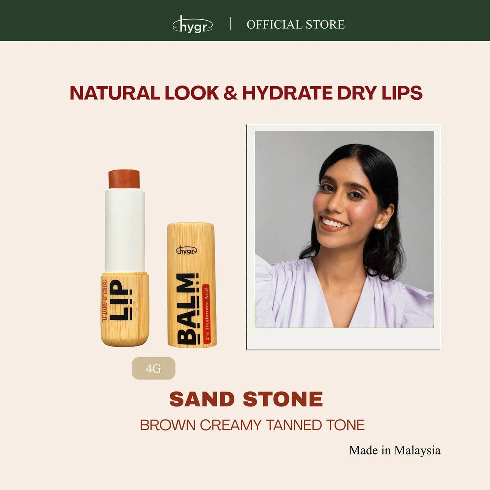 HYGR Bamboo Tinted Lip Balm 4g Sandstone - Sandstone shade on model, brown creamy tone