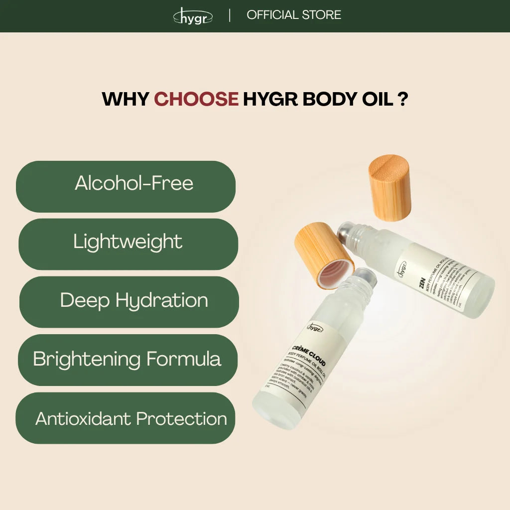 HYGR Body Oil 95ml - why choose it: alcohol-free, lightweight, deep hydration, brightening, antioxidant