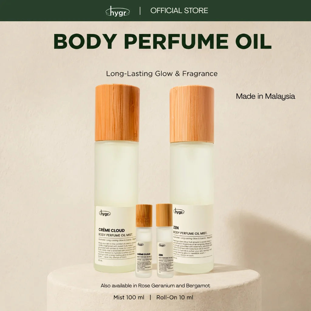 HYGR Body Oil 95ml & Roll-On 8ml - body perfume oil bottles, long-lasting glow and fragrance
