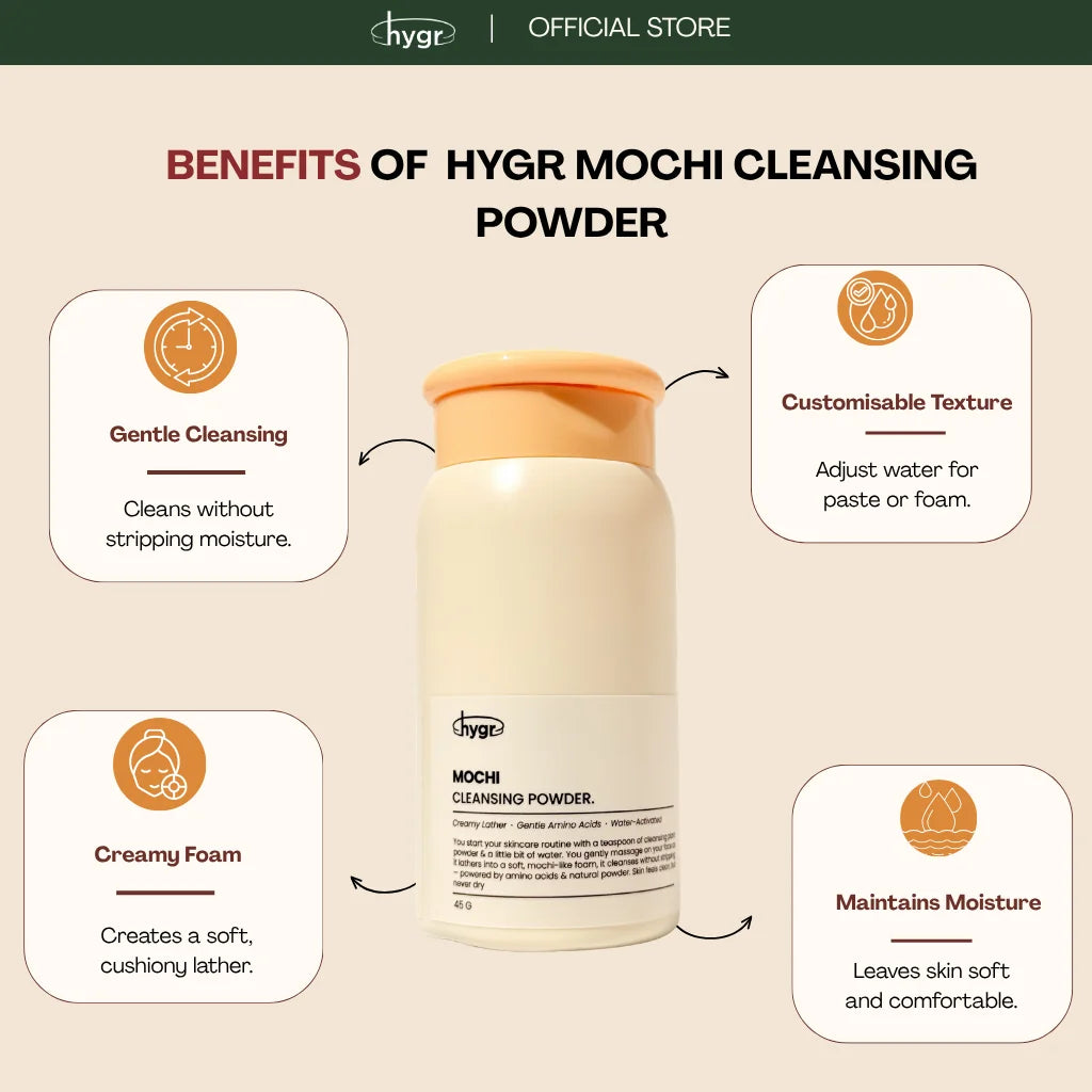 HYGR Mochi Cleansing Powder 45g - benefits: gentle cleansing, creamy foam, customisable texture, keeps moisture
