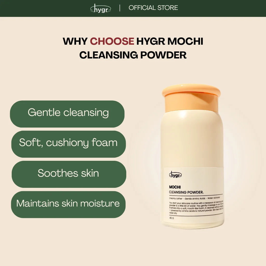 HYGR Mochi Cleansing Powder 45g - why choose it: gentle cleansing, cushiony foam, soothes skin, keeps moisture