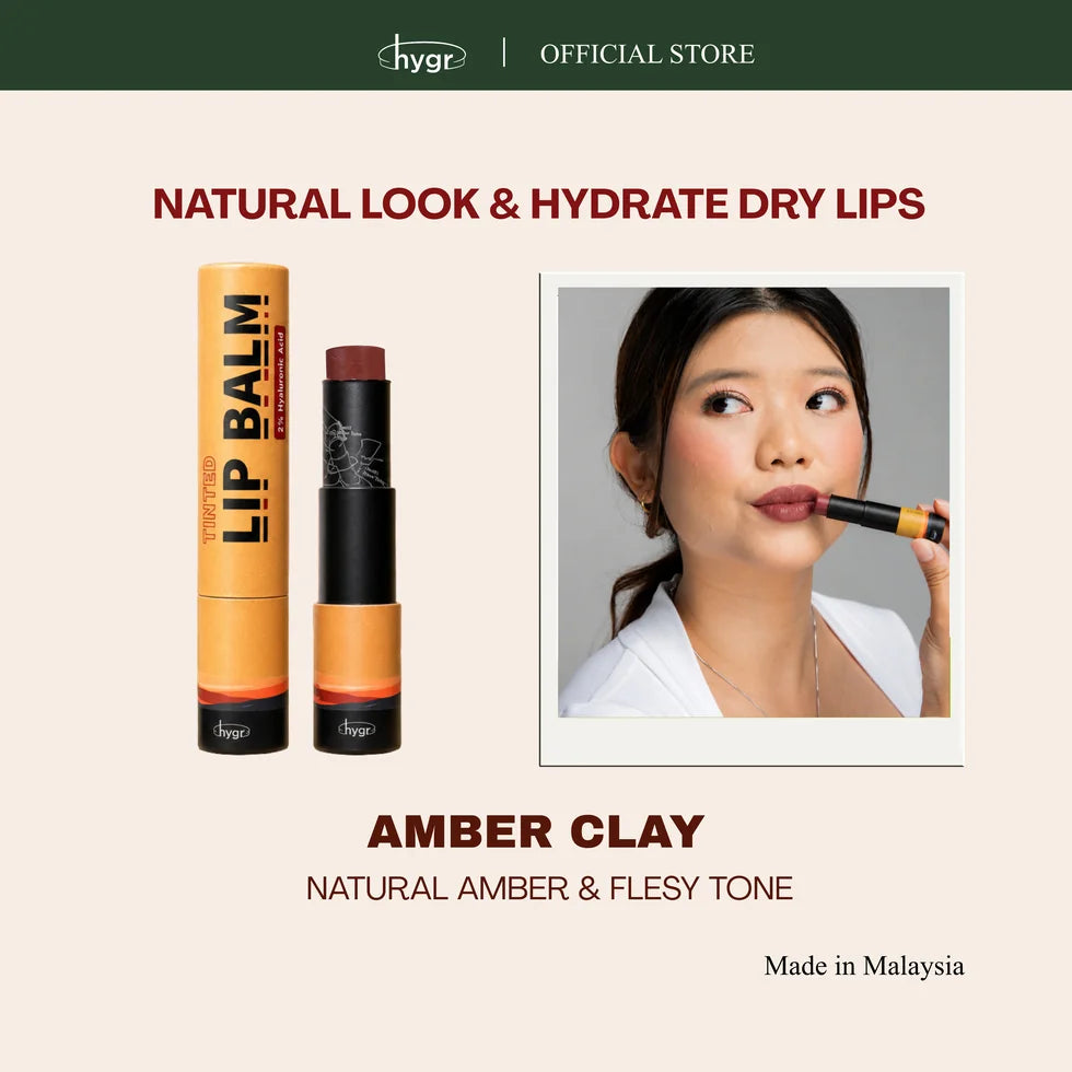 HYGR Paper Tinted Lip Balm 5g Amber Clay - Amber Clay shade on model, natural amber tone