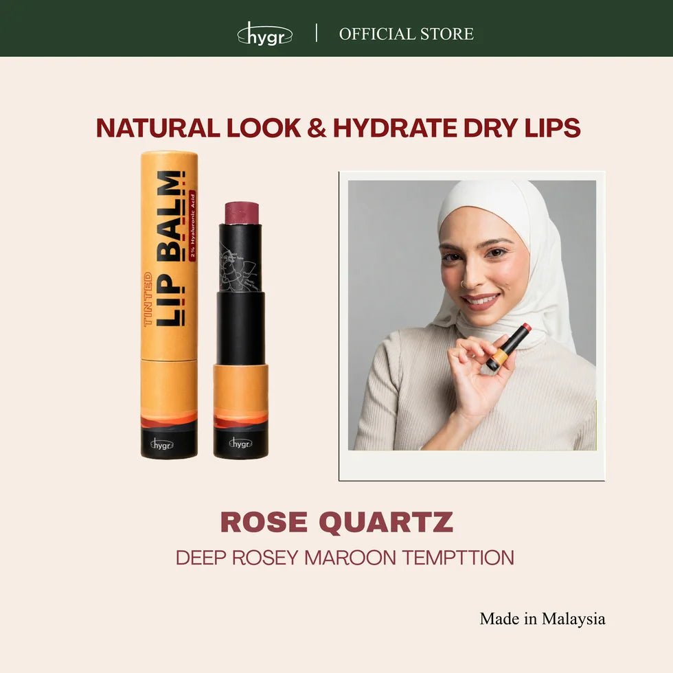 HYGR Paper Tinted Lip Balm 5g Rose Quartz - Rose Quartz shade on model, deep rosy maroon