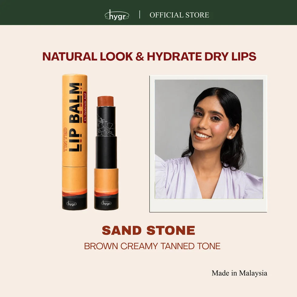 HYGR Paper Tinted Lip Balm 5g Sandstone - Sandstone shade on model, brown creamy tone
