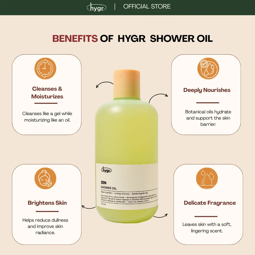 HYGR Scented Shower Oil - benefits: cleanses and moisturises, deeply nourishes, brightens, delicate fragrance