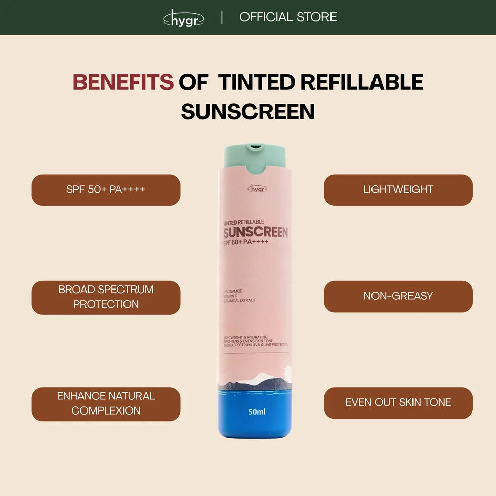 HYGR Tinted Refillable Sunscreen 50ml - benefits: SPF50 PA++++, lightweight, non-greasy, evens out skin tone